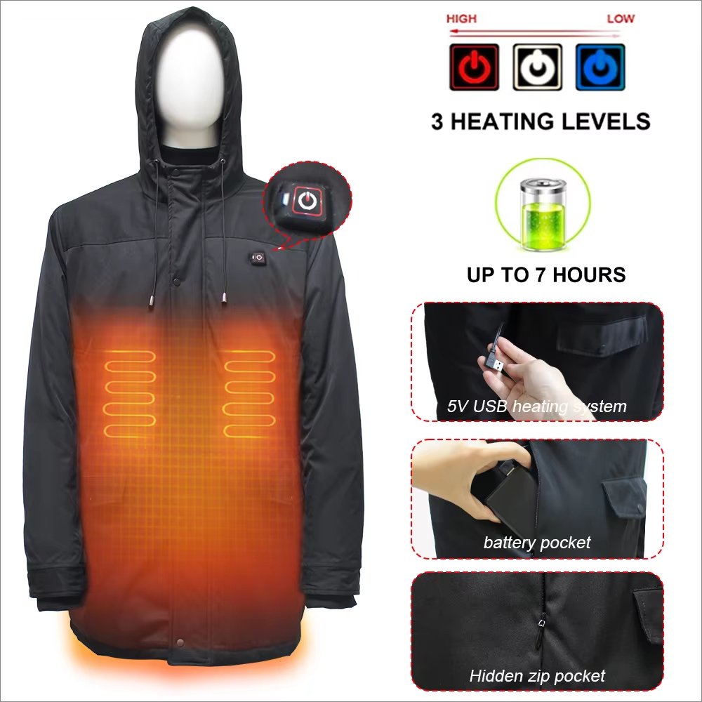 Outdoor Sport Winter Men's Black Motorcycle Jacket Winter Coats for Men Long Clothing Length 5V USB Soft Shell Heated Jacket