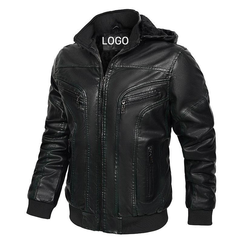 FREE LOGO OEM CARANFIER Mens PU Leather Jacket Hooded Detachable Men Winter Coat Fleece Liner Warm Jacket For Male Top Seller