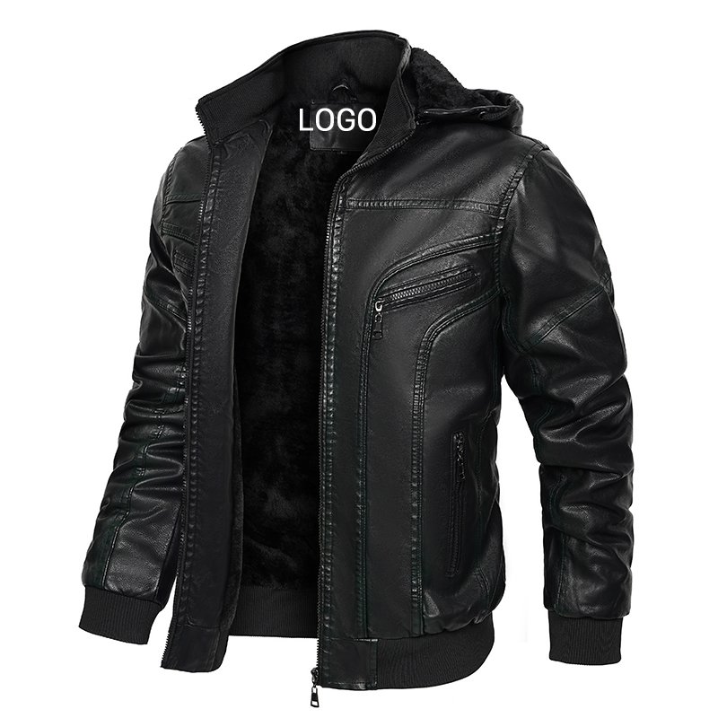 FREE LOGO OEM CARANFIER Mens PU Leather Jacket Hooded Detachable Men Winter Coat Fleece Liner Warm Jacket For Male Top Seller