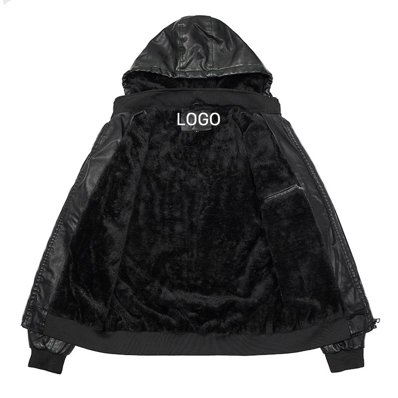 FREE LOGO OEM CARANFIER Mens PU Leather Jacket Hooded Detachable Men Winter Coat Fleece Liner Warm Jacket For Male Top Seller