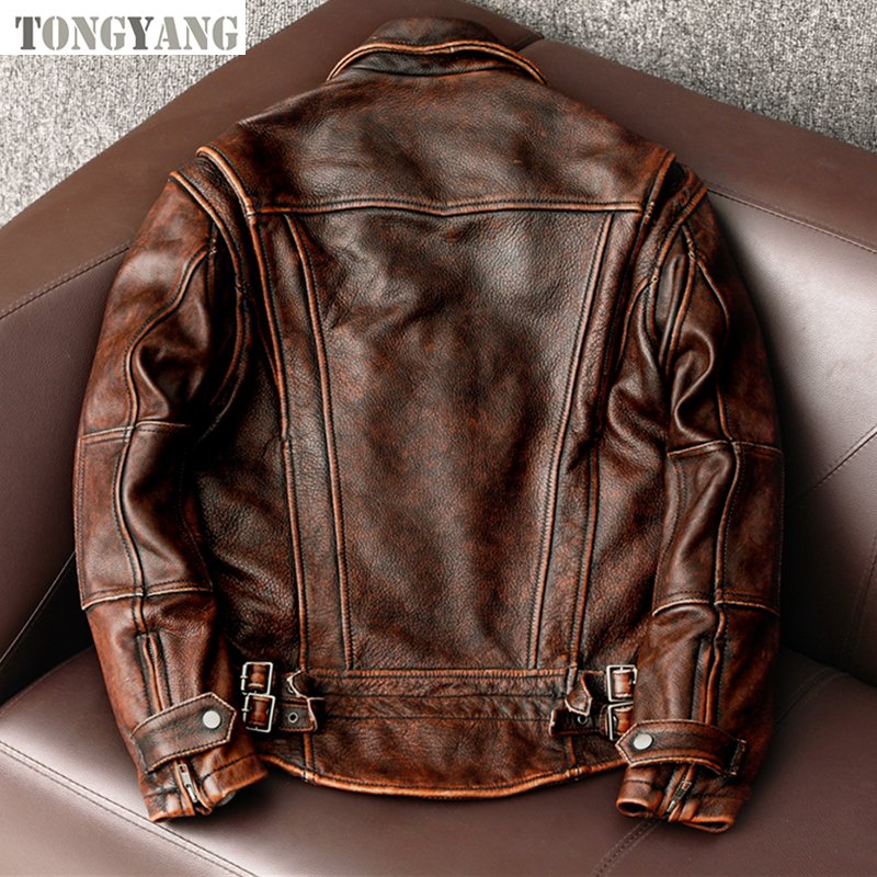 TONGYANG New Style Genuine Leather Jacket Vintage Brown Cowhide Coat Men Slim Fashion Biker Jacket Asian Size 6XL Drop Shipping
