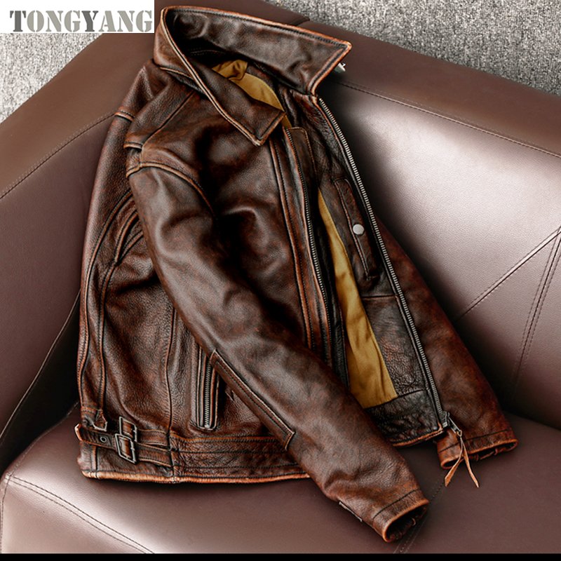 TONGYANG New Style Genuine Leather Jacket Vintage Brown Cowhide Coat Men Slim Fashion Biker Jacket Asian Size 6XL Drop Shipping