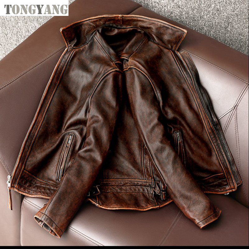 TONGYANG New Style Genuine Leather Jacket Vintage Brown Cowhide Coat Men Slim Fashion Biker Jacket Asian Size 6XL Drop Shipping