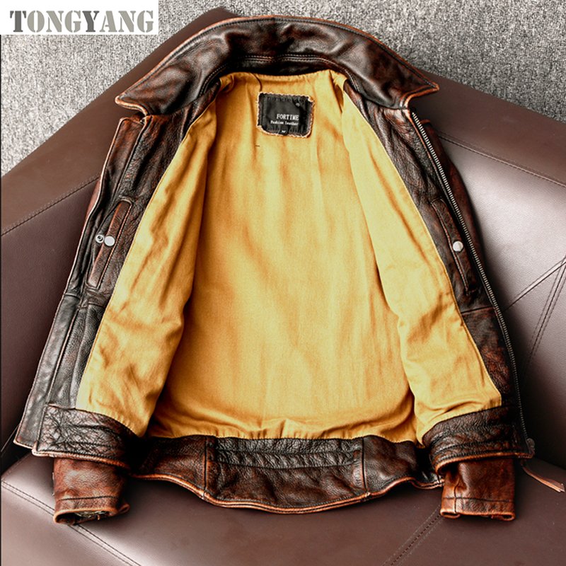 TONGYANG New Style Genuine Leather Jacket Vintage Brown Cowhide Coat Men Slim Fashion Biker Jacket Asian Size 6XL Drop Shipping