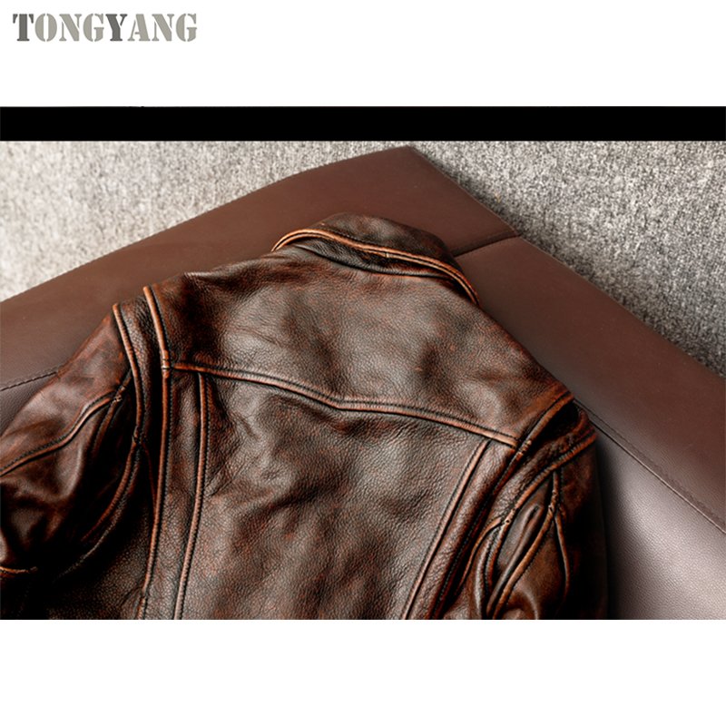 TONGYANG New Style Genuine Leather Jacket Vintage Brown Cowhide Coat Men Slim Fashion Biker Jacket Asian Size 6XL Drop Shipping
