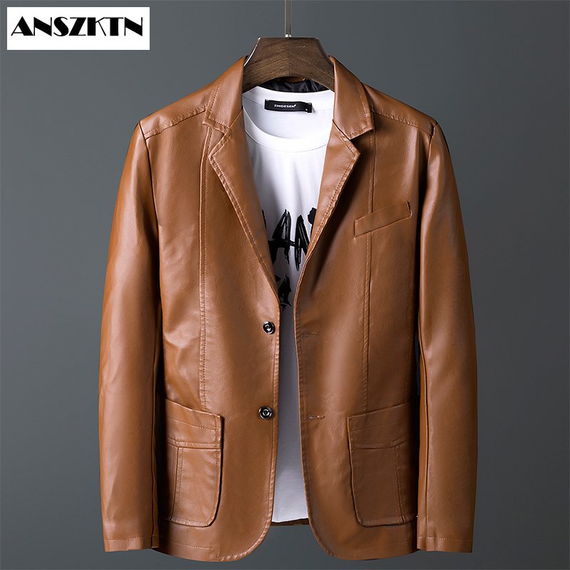 ANSZKTN Men Casual Faux Leather Coats Motorcycle Men's Jackets Business Black Outwear PUJacket