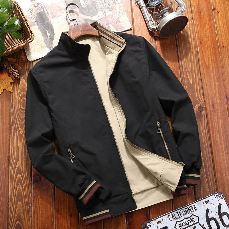 New Men's Double-sided Stand Collar Casual Jacket Male Plus Size Solid Color Baseball Coat Hip Hop Outwear