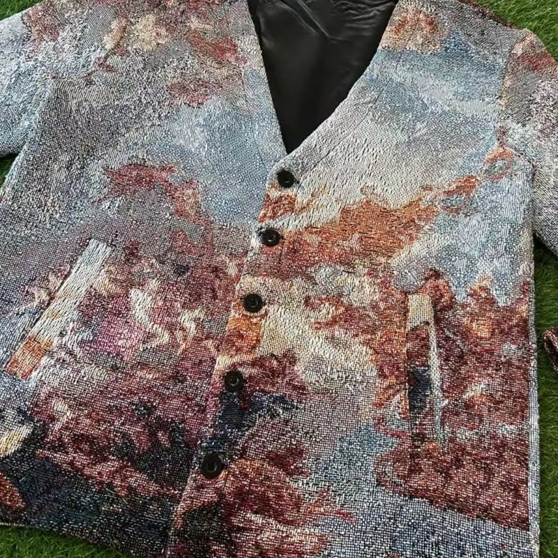 Tapestry Cardigan Custom Streetwear Short Jacket Set Tapestri Blanket V Neck Jackets Men's Black Sweater Skeleton Button Coat