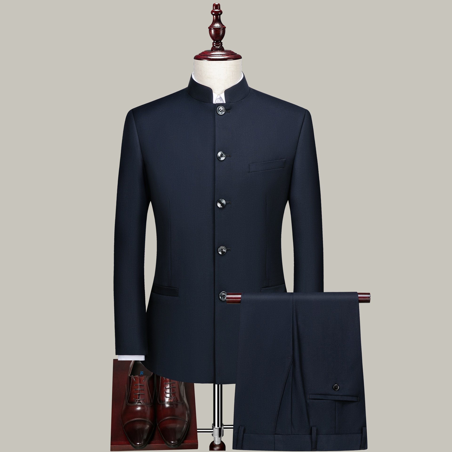 XS-4XL men's slim fitting Chinese bridegroom dress suit Chinese stand collar suit Chinese style 2-piece casual suit