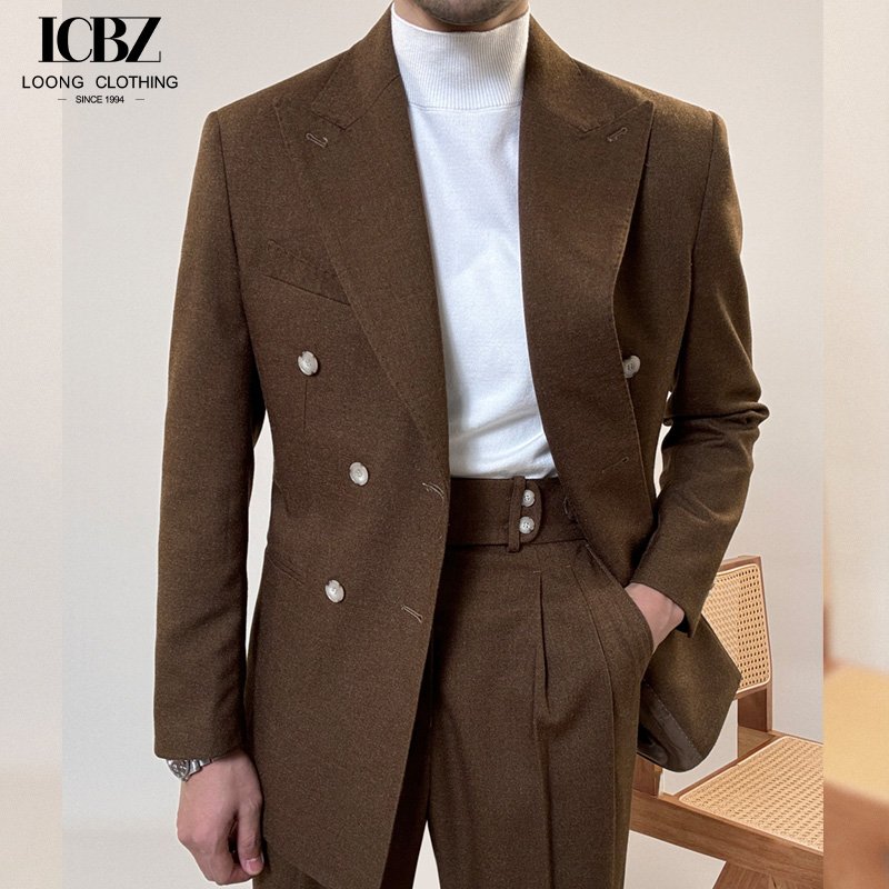 Wholesale oem custom Italian double-breasted single suit 500g heavyweight men's peaked lapel casual business suit