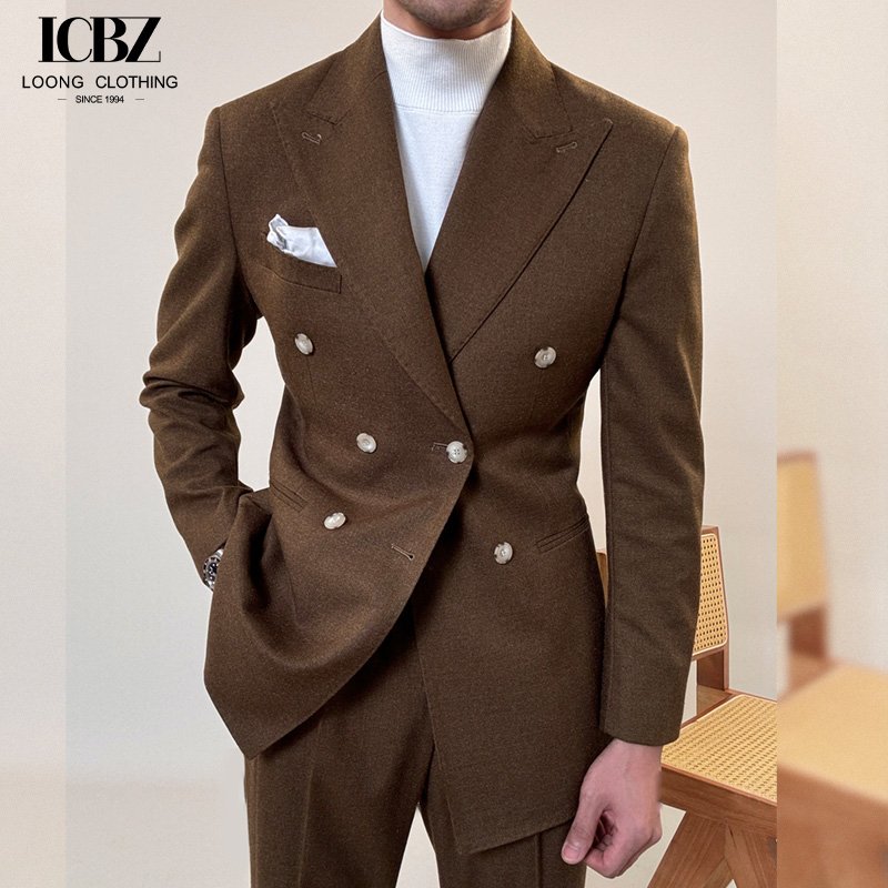 Wholesale oem custom Italian double-breasted single suit 500g heavyweight men's peaked lapel casual business suit