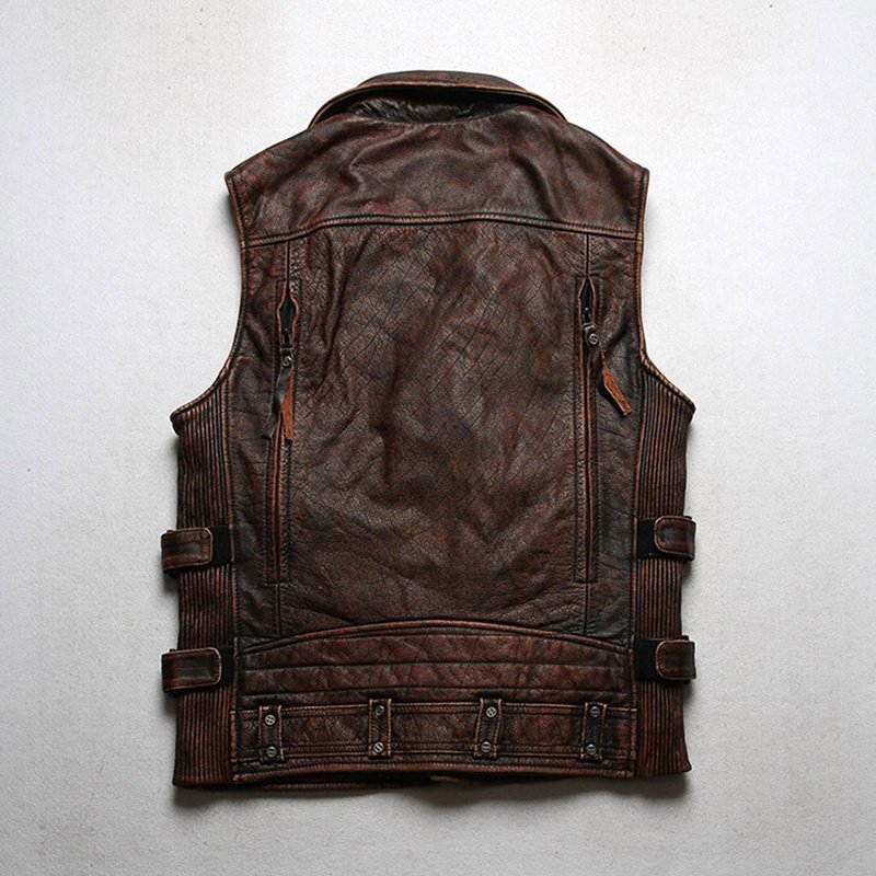 Customized Fashion outdoor Lapel diagonal zipper motorcycle genuine leather vest men's cowhide sleeveless jacket waistcoat