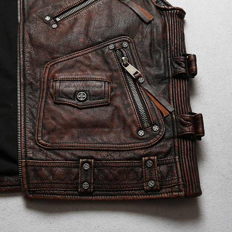 Customized Fashion outdoor Lapel diagonal zipper motorcycle genuine leather vest men's cowhide sleeveless jacket waistcoat