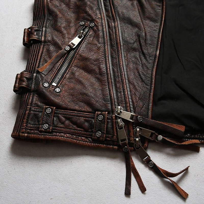 Customized Fashion outdoor Lapel diagonal zipper motorcycle genuine leather vest men's cowhide sleeveless jacket waistcoat