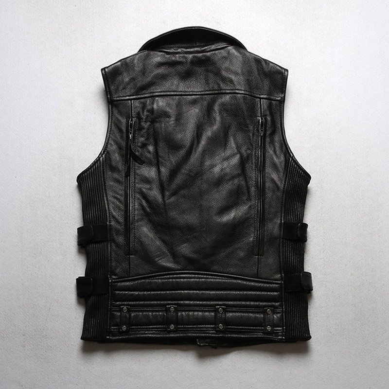Customized Fashion outdoor Lapel diagonal zipper motorcycle genuine leather vest men's cowhide sleeveless jacket waistcoat