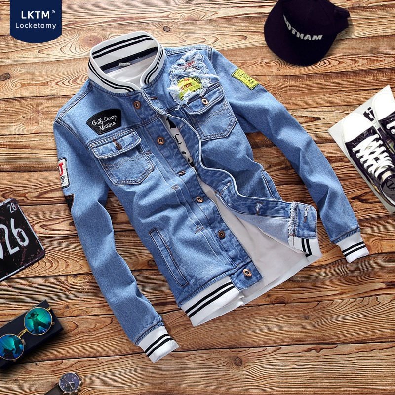 2022 Factory New Denim Jacket Washed Blue Slim Fit Men's Denim Jacket