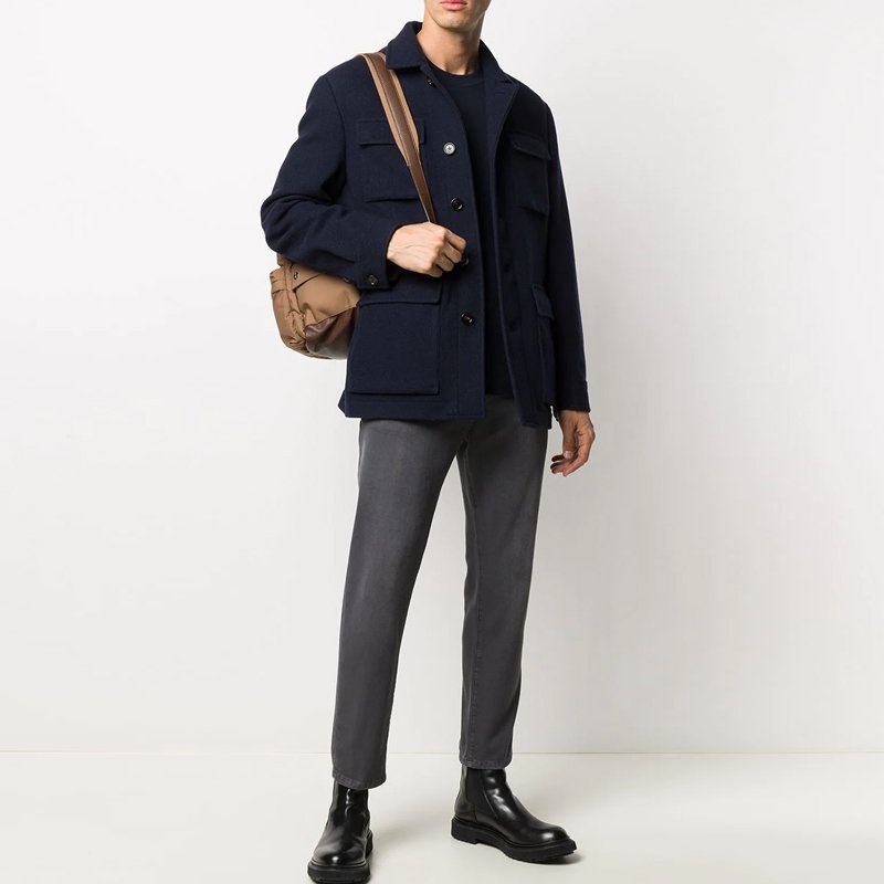Custom Logo Single-breasted Flip Pocket Jacket Wool Blend Cardigan Men's Long Sleeve Wool / Polyester Shell Men's Jeans Printed