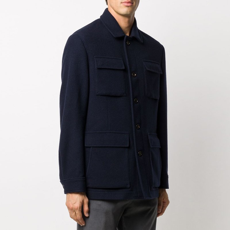 Custom Logo Single-breasted Flip Pocket Jacket Wool Blend Cardigan Men's Long Sleeve Wool / Polyester Shell Men's Jeans Printed