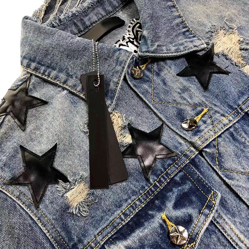 Custom Designed Men's Five-Pointed Star Denim Jacket Factory's Gradient Wash Ripped Fleece Jacket with Pattern Print