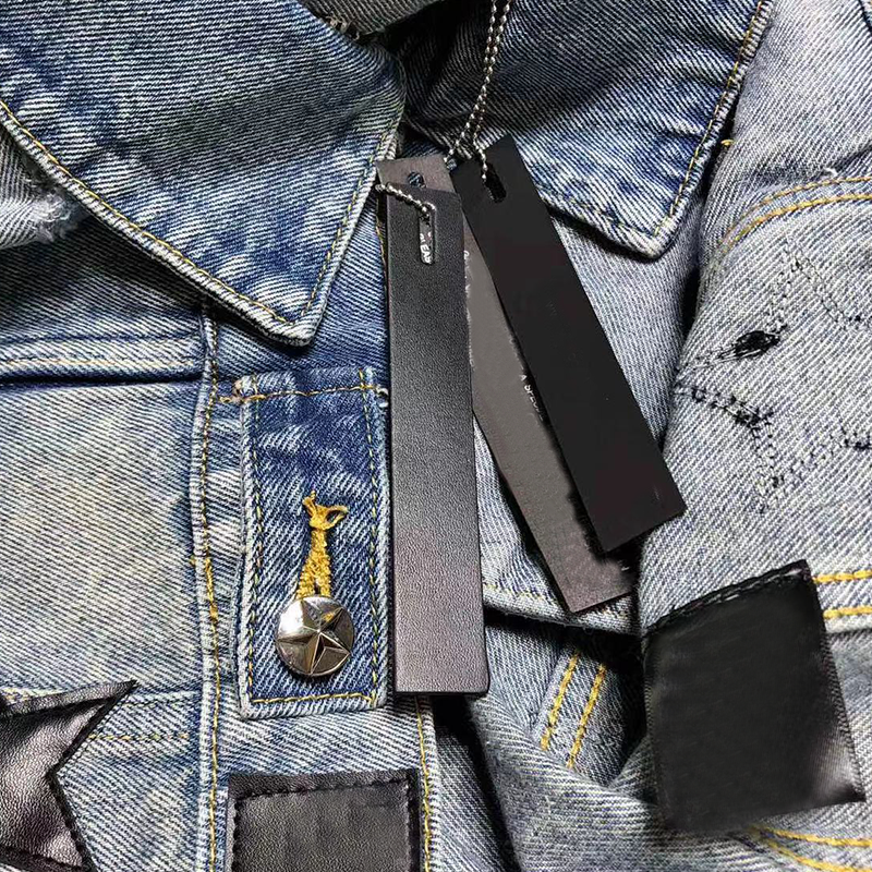 Custom Designed Men's Five-Pointed Star Denim Jacket Factory's Gradient Wash Ripped Fleece Jacket with Pattern Print