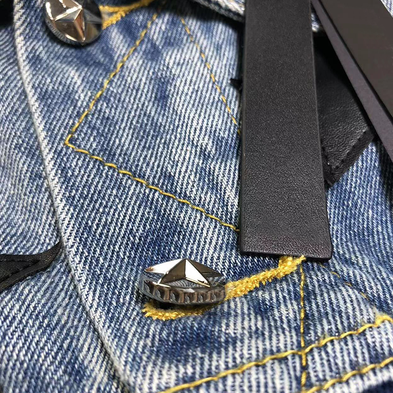 Custom Designed Men's Five-Pointed Star Denim Jacket Factory's Gradient Wash Ripped Fleece Jacket with Pattern Print