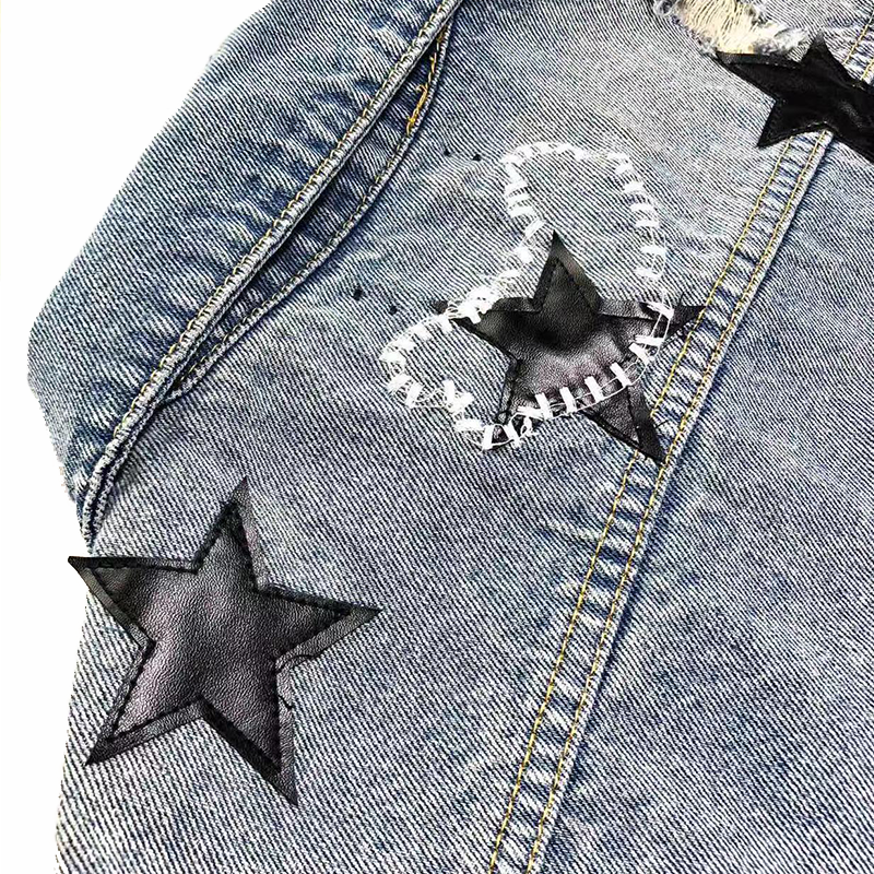 Custom Designed Men's Five-Pointed Star Denim Jacket Factory's Gradient Wash Ripped Fleece Jacket with Pattern Print