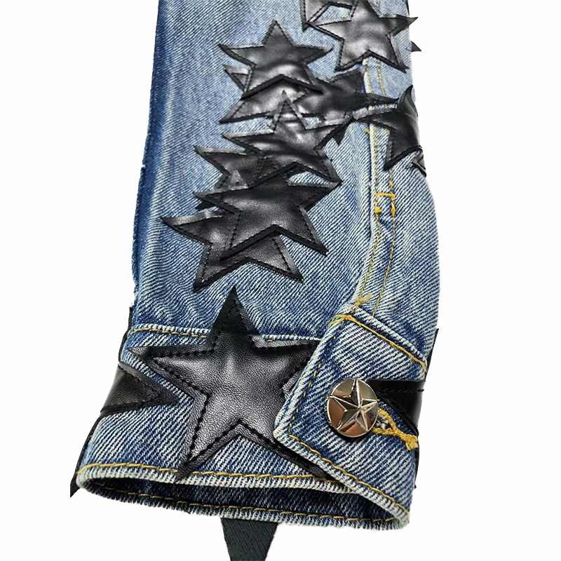 Custom Designed Men's Five-Pointed Star Denim Jacket Factory's Gradient Wash Ripped Fleece Jacket with Pattern Print
