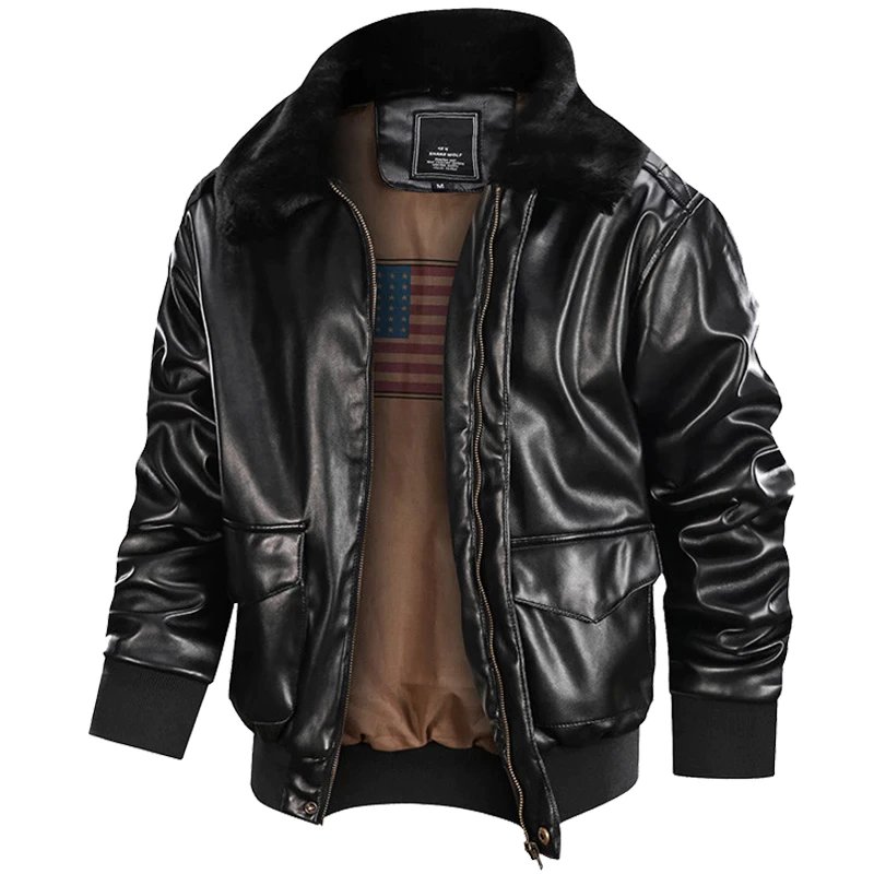 Men's Winter Retro Leather Jacket Outwear Bomber Jacket Wind breaker Casual Motorcycle Leather Jackets Male Fur Collar