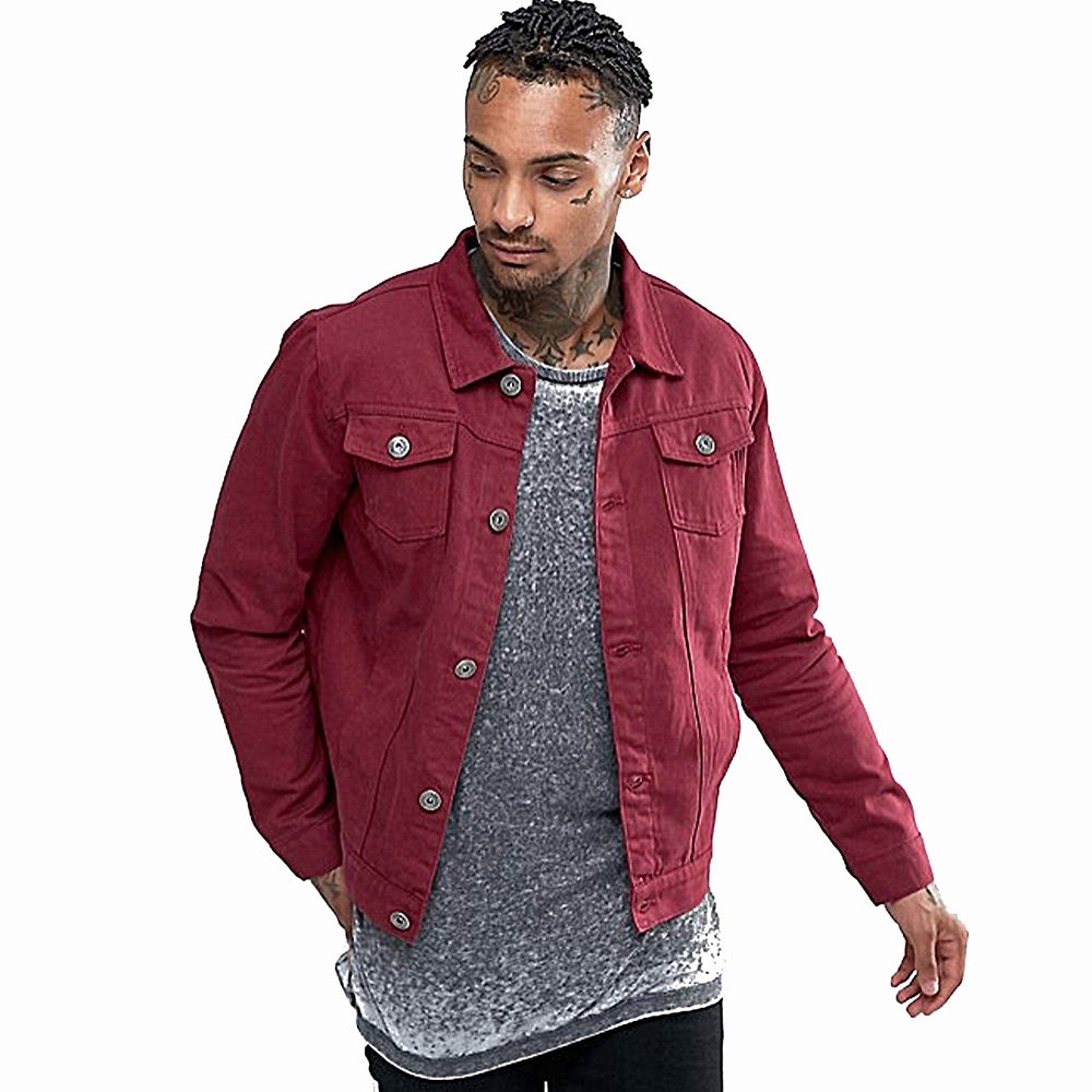 High Quality Man Jeans Jackets Cotton Made Street Wear Maroon Color Jeans Denim Jackets For Adult Men's