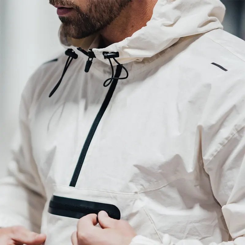 Wholesale Custom Logo Soft Shell Men's Jacket Adjustable Elastic Hem Gym Jacket Woven 4 ways Stretchy Windbreaker Jacket For Men
