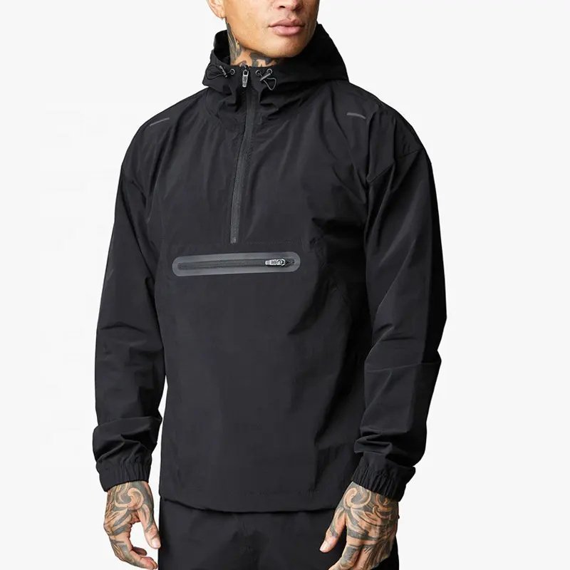 Wholesale Custom Logo Soft Shell Men's Jacket Adjustable Elastic Hem Gym Jacket Woven 4 ways Stretchy Windbreaker Jacket For Men