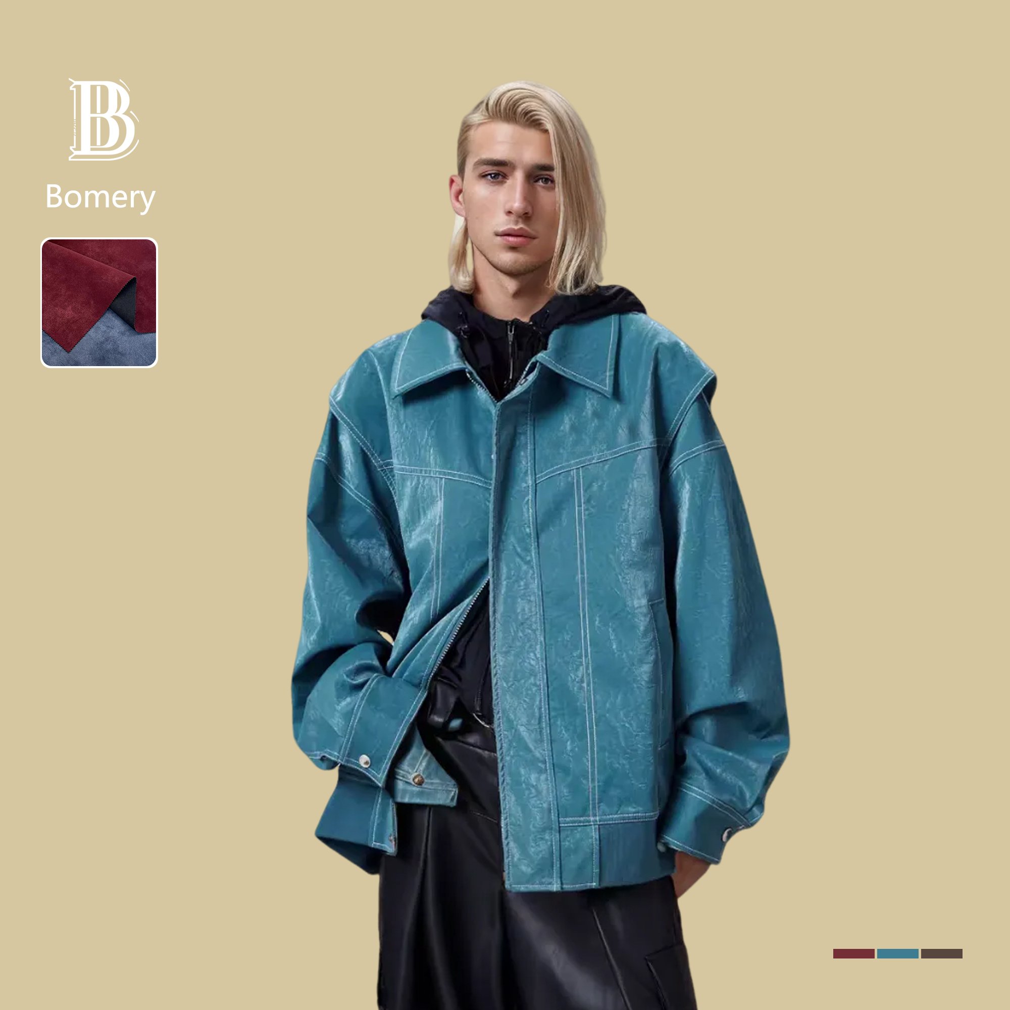 Bomery Custom PU Leather Men's Jacket High Quality Casual Style with Lapel Heated Long Sleeve Street for Men