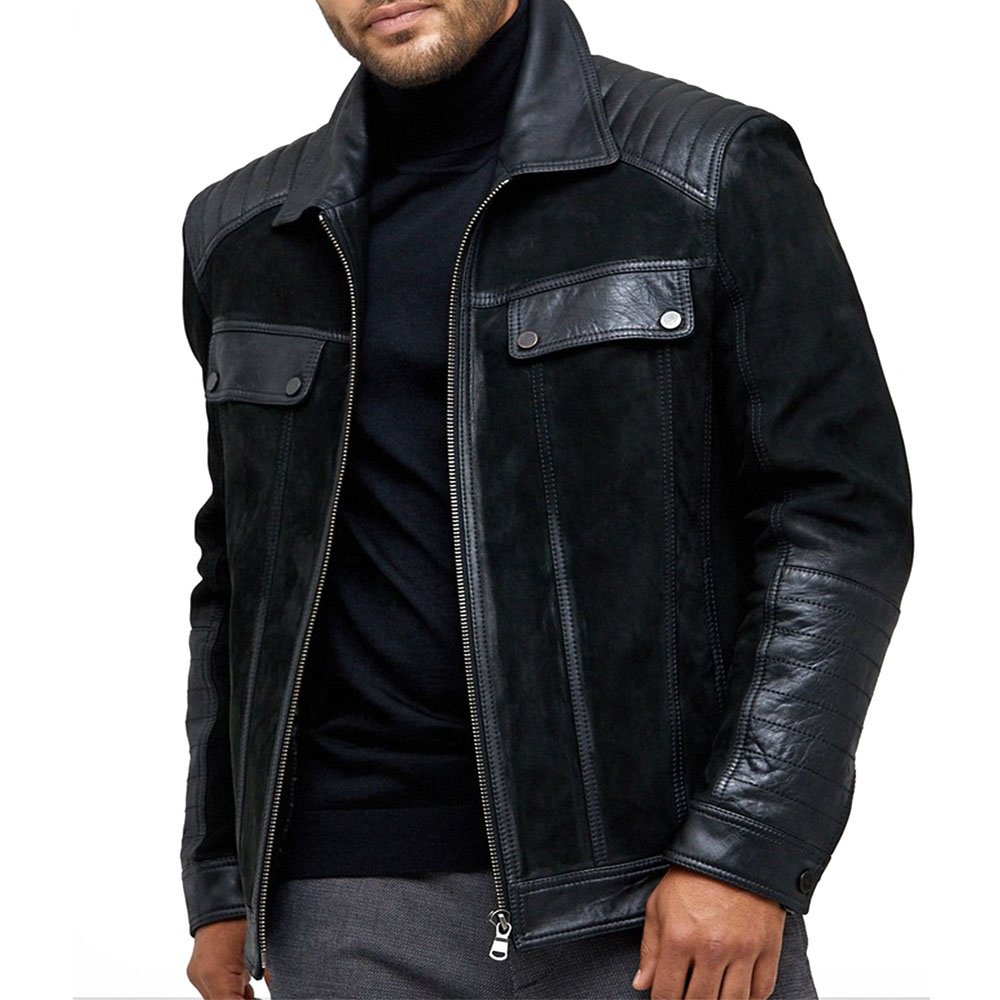Classic Suede & Plain Men's Black Leather Biker Jacket Fully Customized With 100% Original Sheepskin Front closures Style Zipper