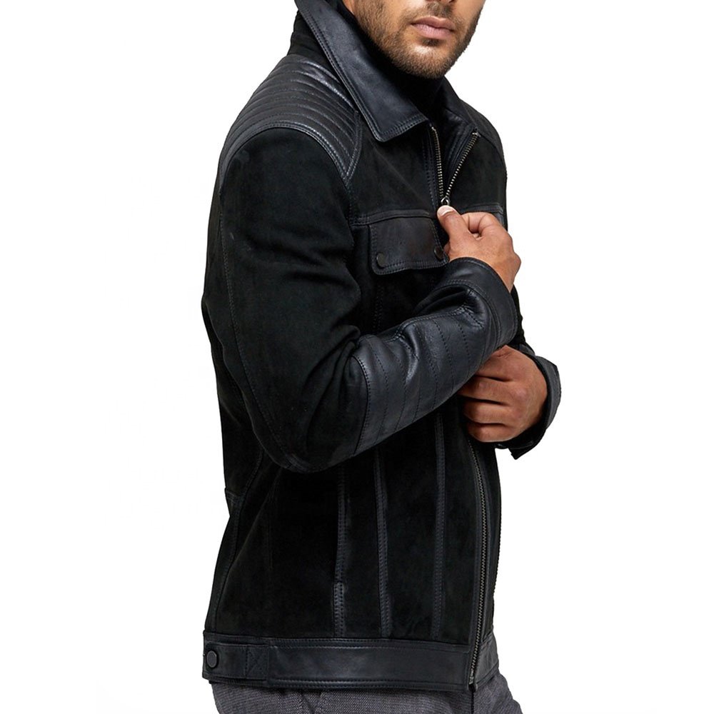 Classic Suede & Plain Men's Black Leather Biker Jacket Fully Customized With 100% Original Sheepskin Front closures Style Zipper