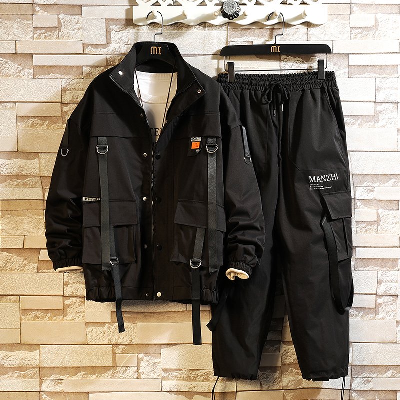 Men's Customizable Logo 2-Piece Sportswear Sets Polyester 7XL Hooded Jacket with Cargo Pants Streetwear Fitness Tracksuit