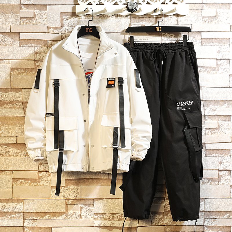 Men's Customizable Logo 2-Piece Sportswear Sets Polyester 7XL Hooded Jacket with Cargo Pants Streetwear Fitness Tracksuit