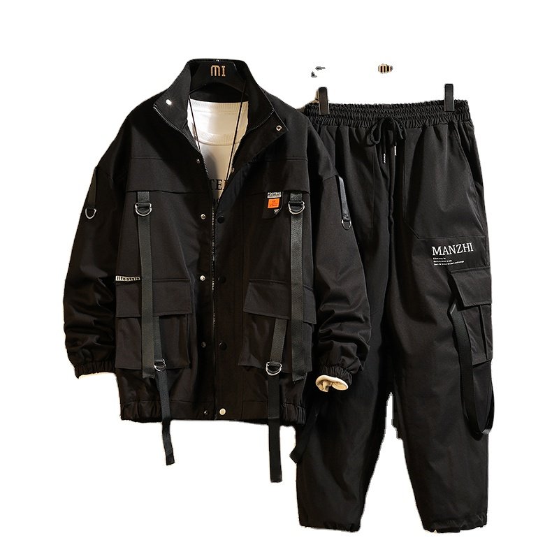 Men's Customizable Logo 2-Piece Sportswear Sets Polyester 7XL Hooded Jacket with Cargo Pants Streetwear Fitness Tracksuit