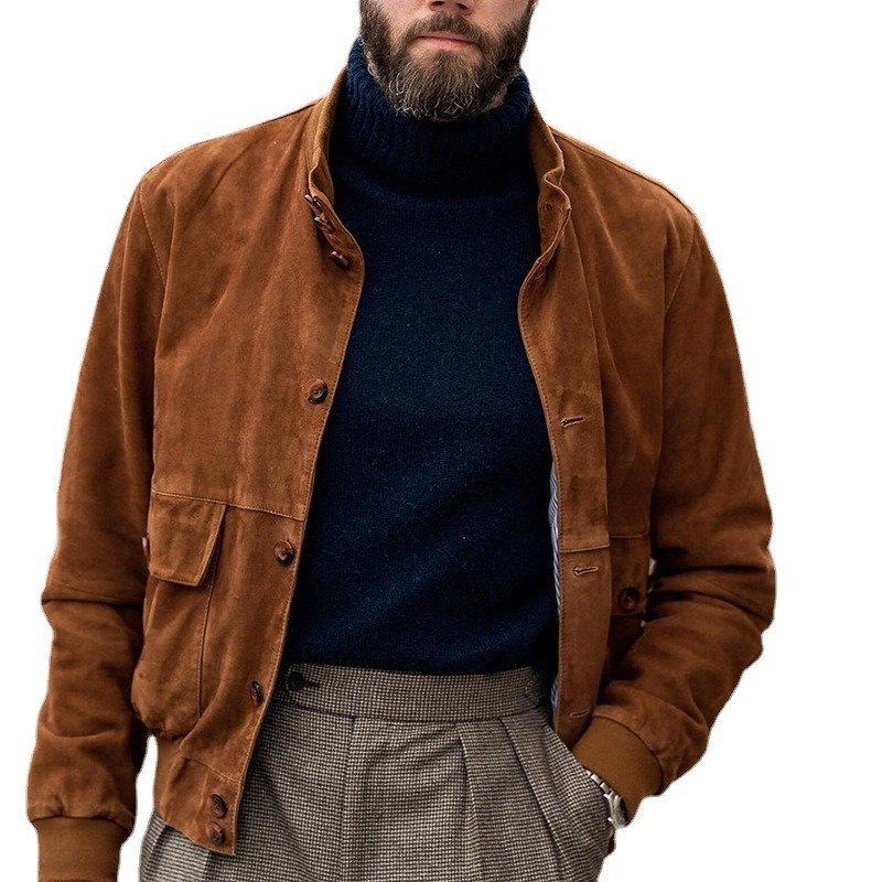 2024 Europe and America Men's Casual Solid Color Jacket Spring and Autumn Wild Stand-Up Collar Outdoor Plus Size Jacke