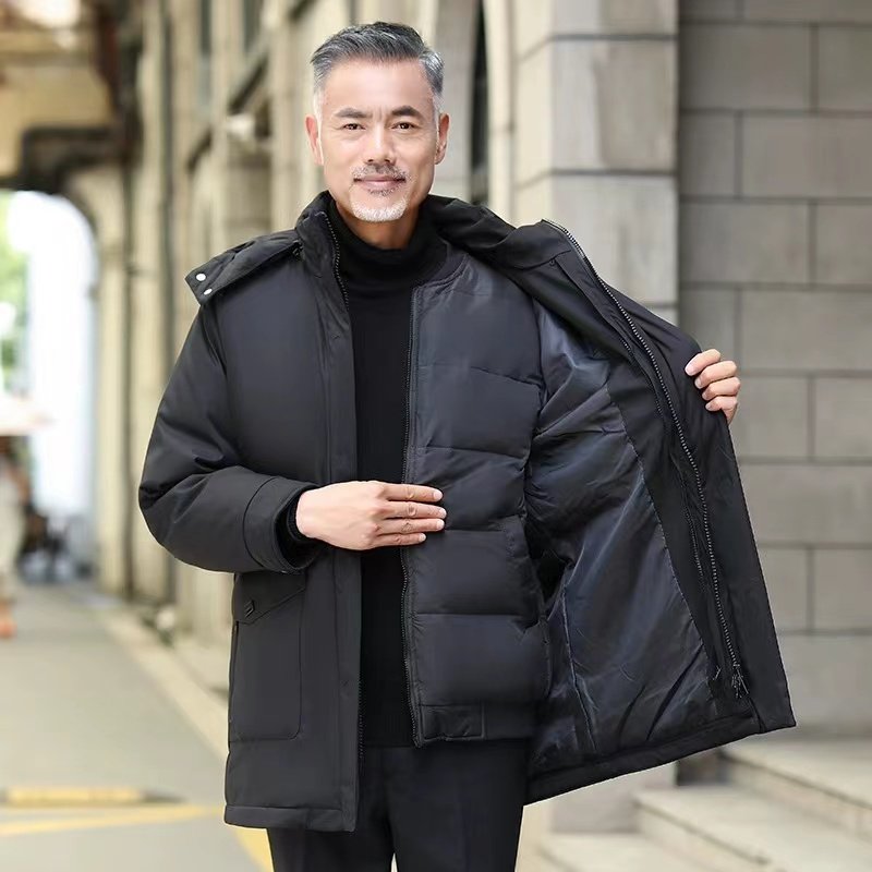 Men's middle-aged and elderly long down jacket with detachable and thickened inner lining, cold resistant casual winter jacket