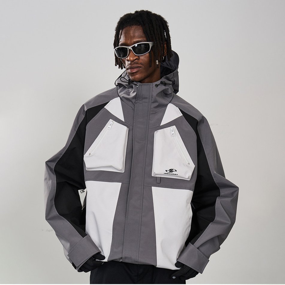 High quality new design stereoscopic pockets women windbreaker contrast color splicing full zipper bomber hooded men's jacket