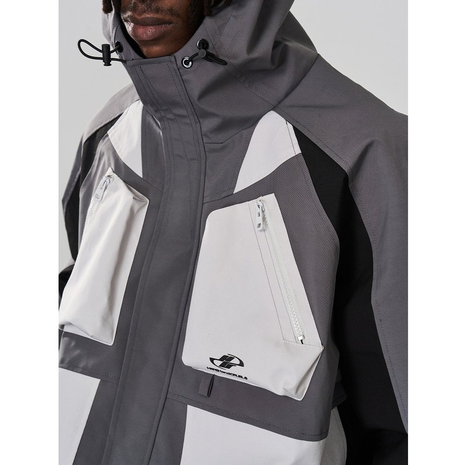 High quality new design stereoscopic pockets women windbreaker contrast color splicing full zipper bomber hooded men's jacket