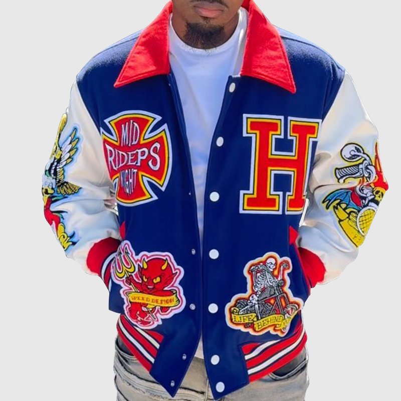 YUJIA Custom Wholesale Men's Wool letterman Real Leather Varsity Jacket Black with Embroidery Logos Patches and Labels jacket
