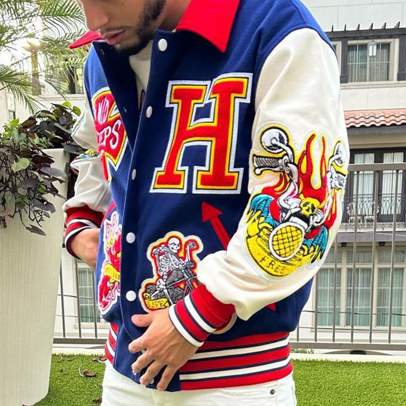 YUJIA Custom Wholesale Men's Wool letterman Real Leather Varsity Jacket Black with Embroidery Logos Patches and Labels jacket