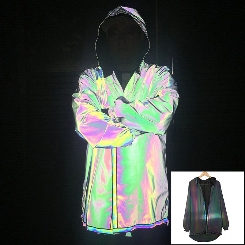hi vis high bright visibility iridescent reflective holographic colorful men's hooded long jacket windbreaker with two zippers