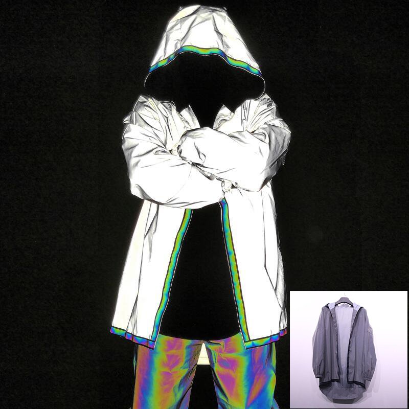 hi vis high bright visibility iridescent reflective holographic colorful men's hooded long jacket windbreaker with two zippers