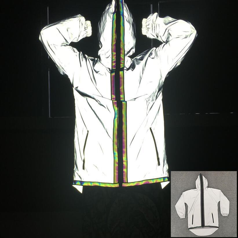 hi vis high bright visibility iridescent reflective holographic colorful men's hooded long jacket windbreaker with two zippers
