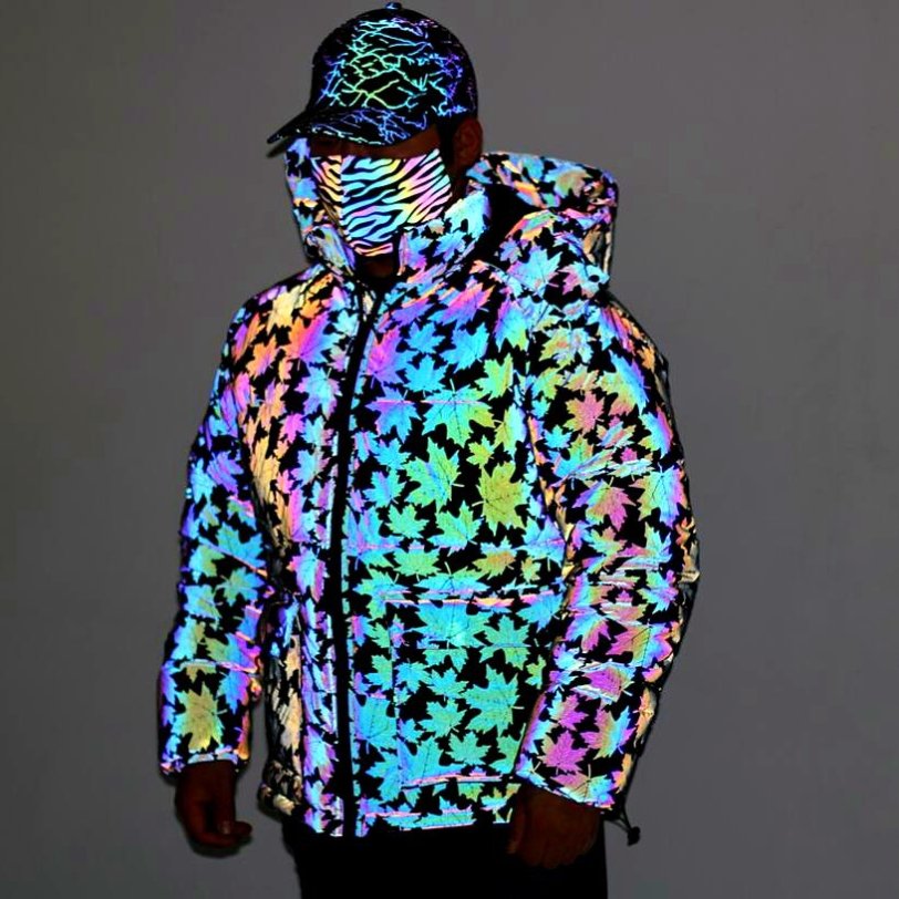 hi vis high bright visibility iridescent reflective holographic colorful men's hooded long jacket windbreaker with two zippers