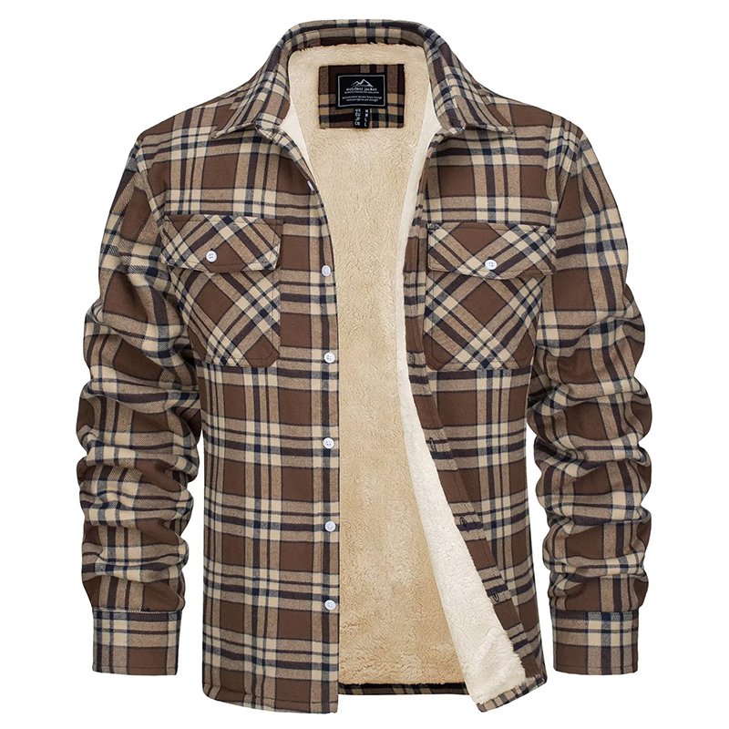 Men's Thick Fleece Lining Windbreaker Plaid Shirts Jackets Streetwear Button Up Thermal Jackets Custom Casual Cargo Coats