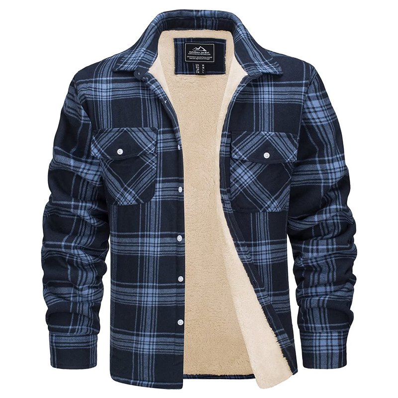 Men's Thick Fleece Lining Windbreaker Plaid Shirts Jackets Streetwear Button Up Thermal Jackets Custom Casual Cargo Coats