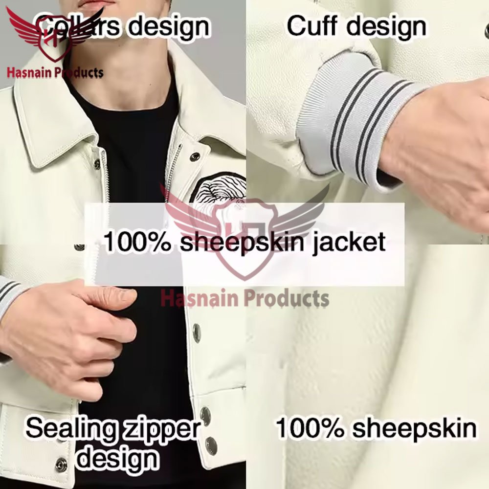 Premium Quality OEM Stylish Hot Sale Men's Pure Leather Jacket - Cheap Winter White Color Zipper Genuine Leather Bomber